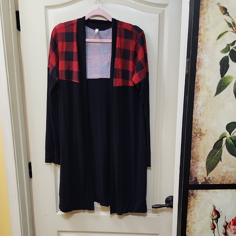 MAGIC FIT PLAID OPEN FRONT CARDIGAN